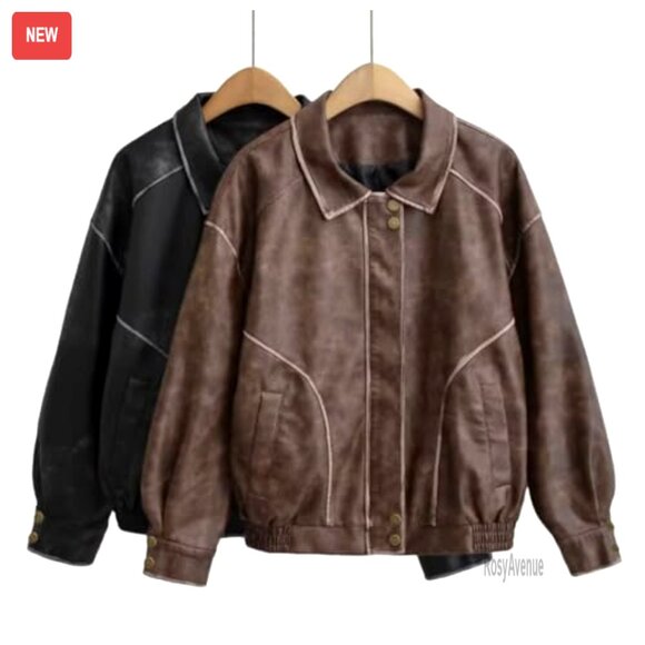 Distressed Faux Leather Bomber Jacket Oversized Motorcycle Style - Picture 5 of 6